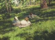 Three reading women in a summer landscape